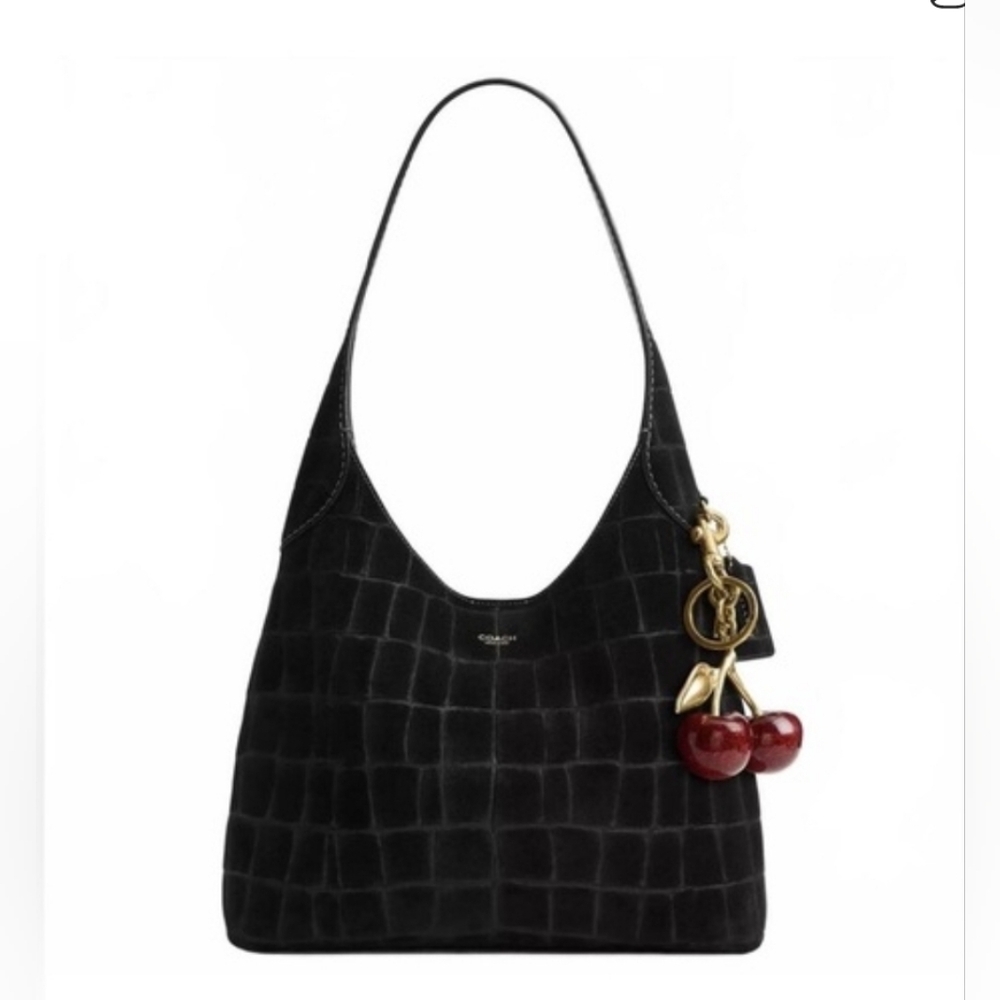 Coach, Brooklyn 28, Black Suede, Croc-Embossed Shoulder Bag